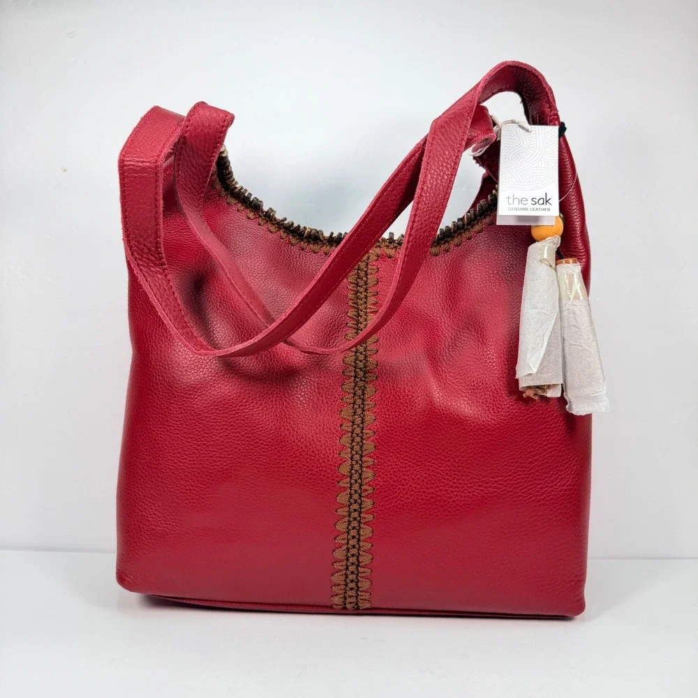 NEW The Sak Women Large Huntley Leather Crimson Red Hobo Bag Crochet Bead 108601